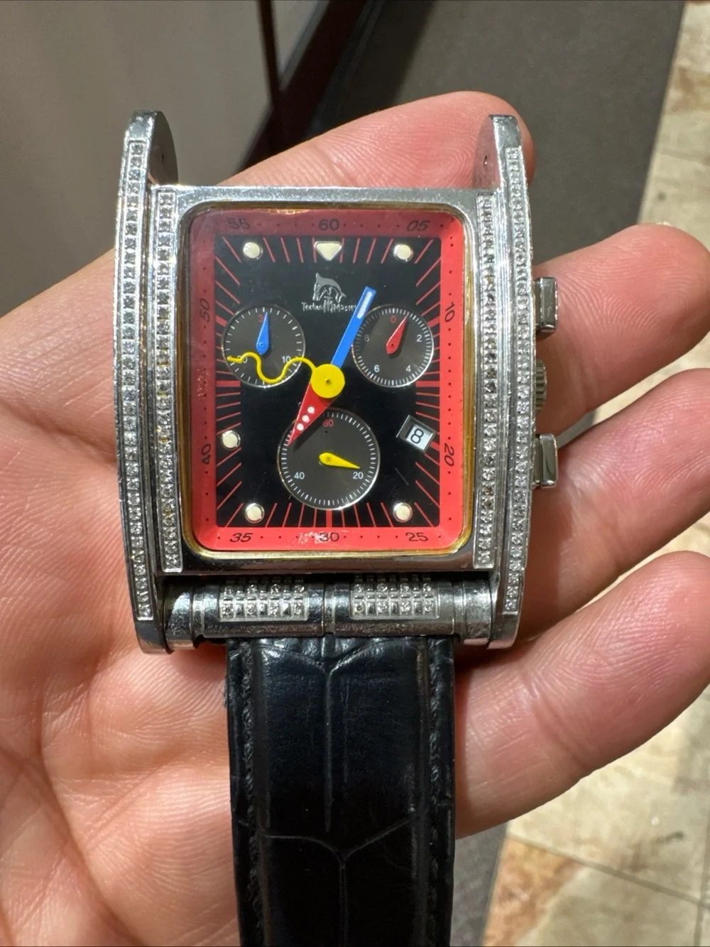Techno Master Diamond Watch Rectangular Chronograph Not Working Incomplete Band
